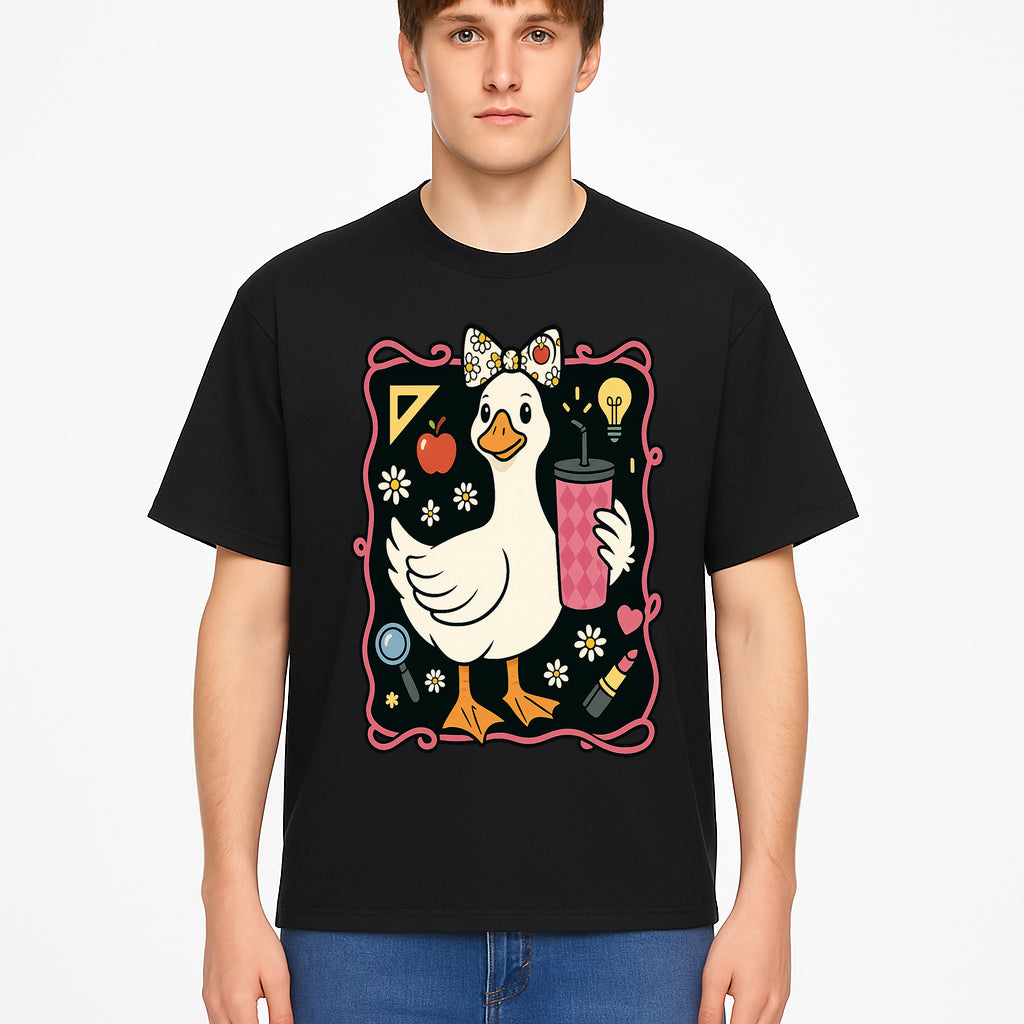 Cute Duck with Bow and Drink - Whimsical Animal Art Print, Fun Retro Style Home Decor, Ideal for Kids' Rooms or Gift Ideas - T-shirt 1758093373926.jpg
