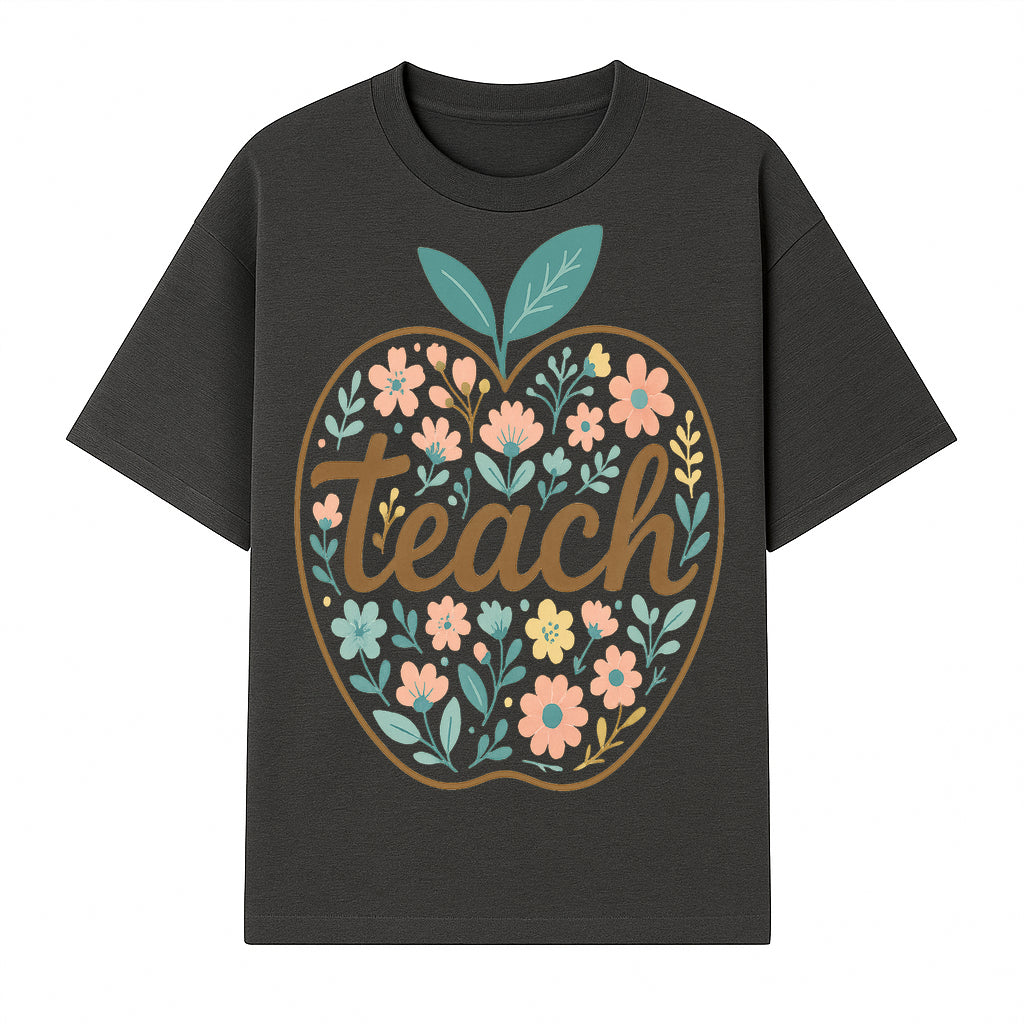 Floral Apple Teach Wall Art Decor - Teacher Gift, Classroom Decor, Inspirational Quote, Colorful Art Print - T-shirt 1758093373969.jpg