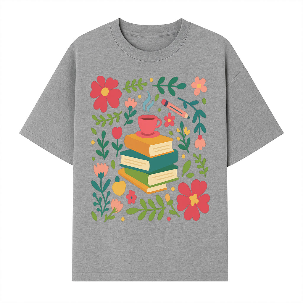 Whimsical Book Stack with Coffee and Flowers Art Print - Cozy Reading Decor for Home or Office - T-shirt 1758093373993.jpg