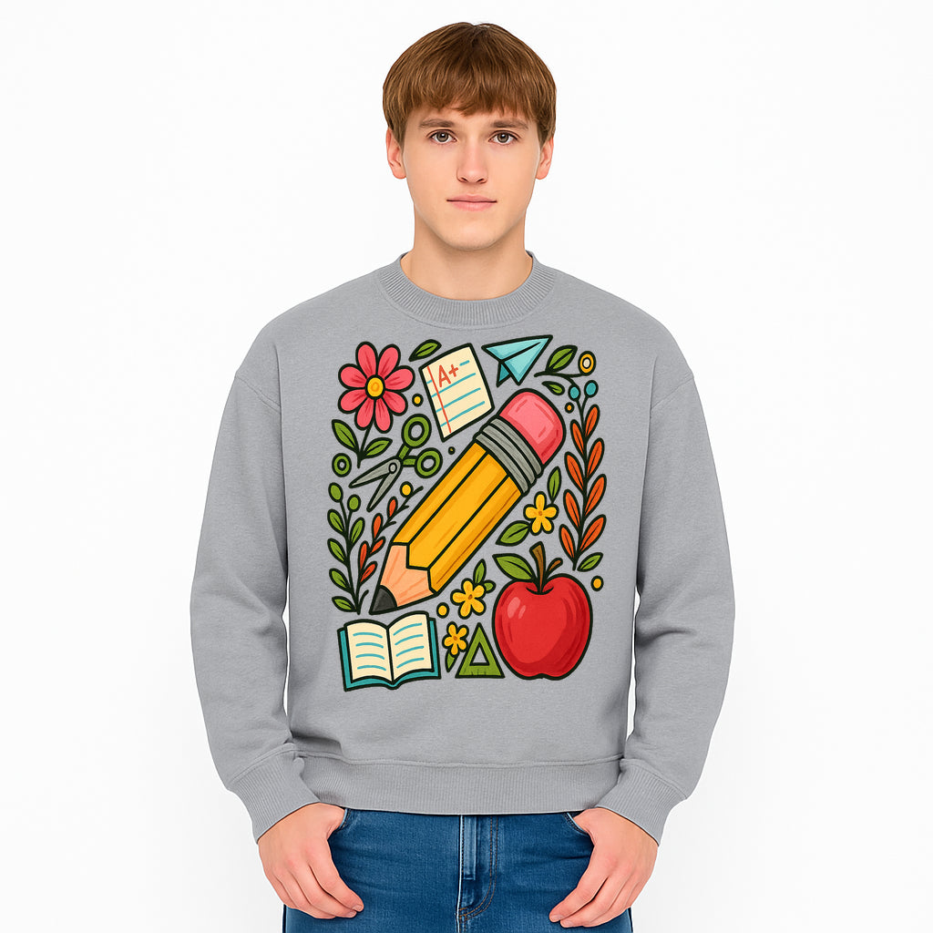 Colorful School Supplies Illustration Pencil, Apple, Flowers, Book and A+ Note Cute Educational Art Print for Classroom Decor - Sweatshirt 1758093374026.jpg