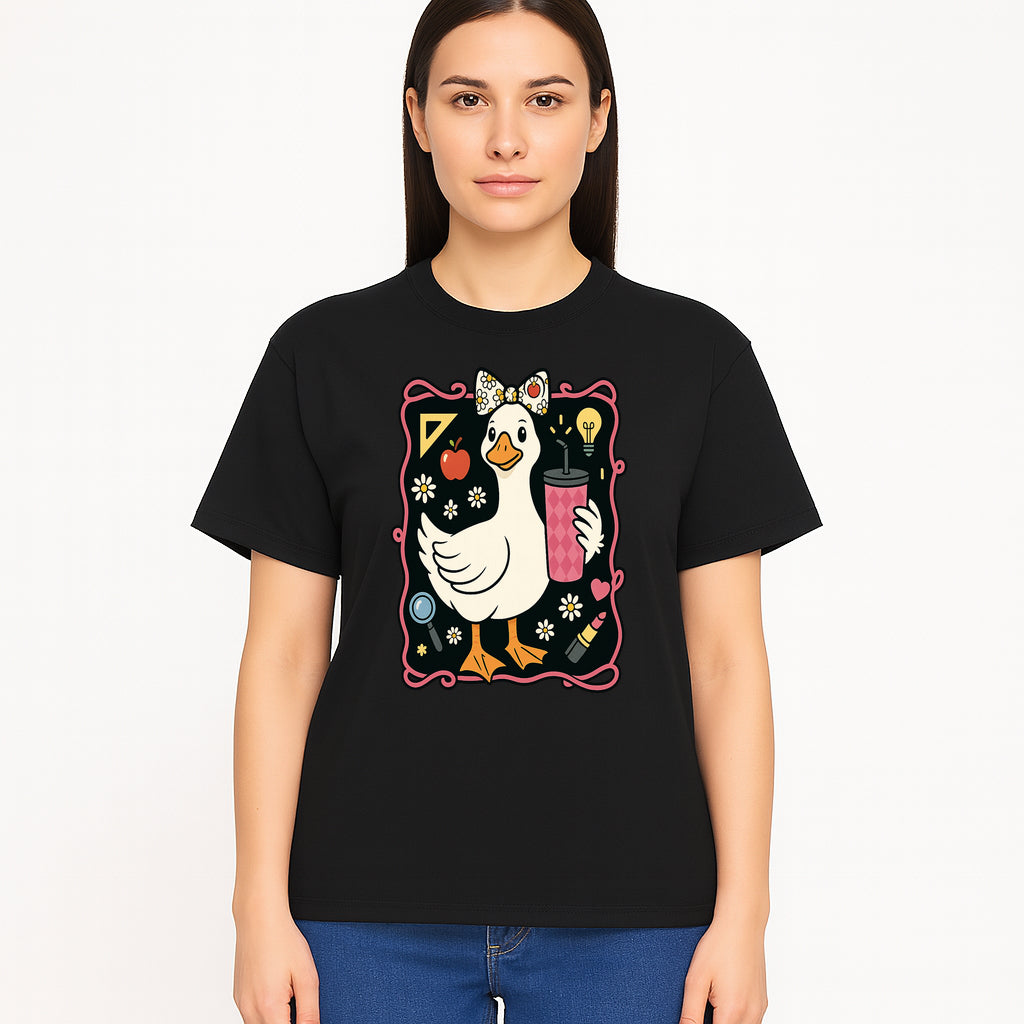 Cute Duck with Bow and Drink - Whimsical Animal Art Print, Fun Retro Style Home Decor, Ideal for Kids' Rooms or Gift Ideas - T-shirt 1758093374067.jpg