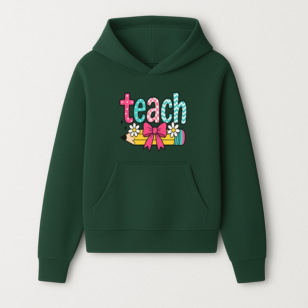 Colorful Teach Design with Pencil, Flowers, and Bow - Perfect for Teacher's Gifts, Classroom Decor, or Back-to-School Apparel - Hoodie 1758093374085.jpg