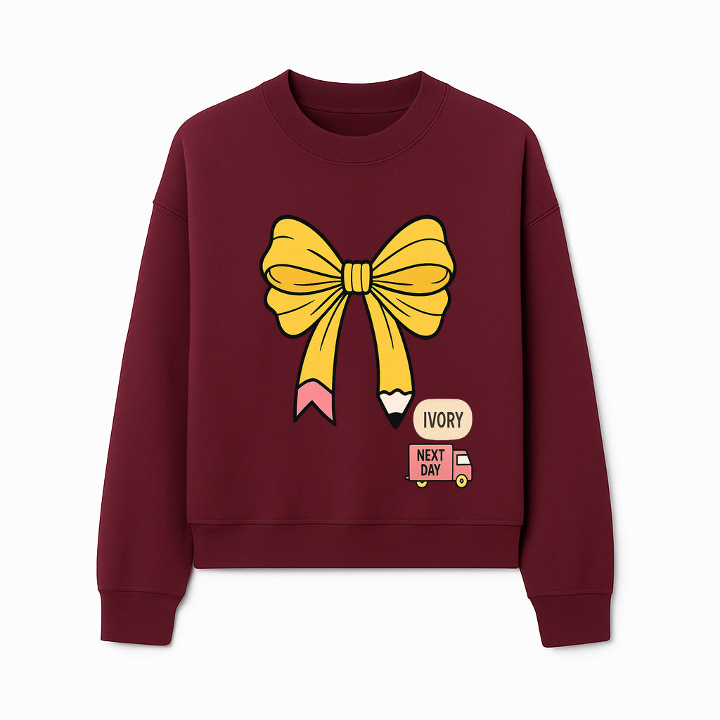 Yellow Pencil Bow Decor Cute Stationery Gift, Art Supplies, Kids School Accessories, Next Day Shipping, Ivory Color Theme - Sweatshirt 1758093374085.jpg