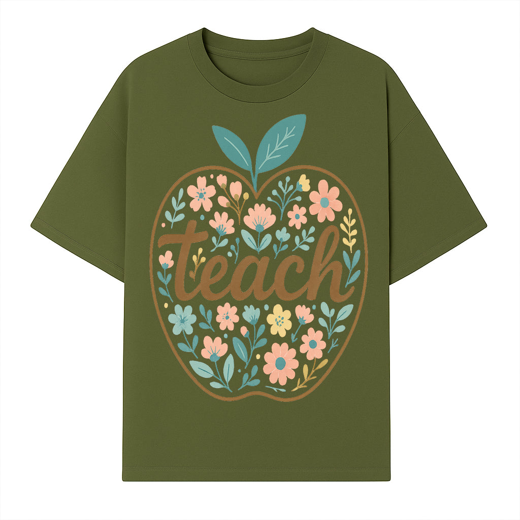 Floral Apple Teach Wall Art Decor - Teacher Gift, Classroom Decor, Inspirational Quote, Colorful Art Print - T-shirt 1758093374134.jpg