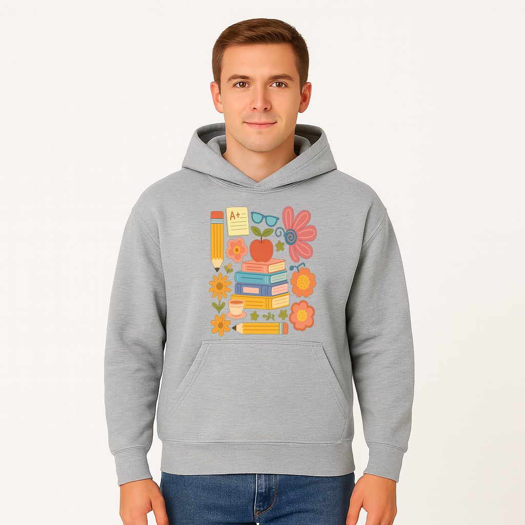 Colorful School Supplies Print - Books, Pencil, Apple, Flowers, and Glasses - Cute Classroom Decor for Kids or Teachers - Hoodie 1758093374169.jpg