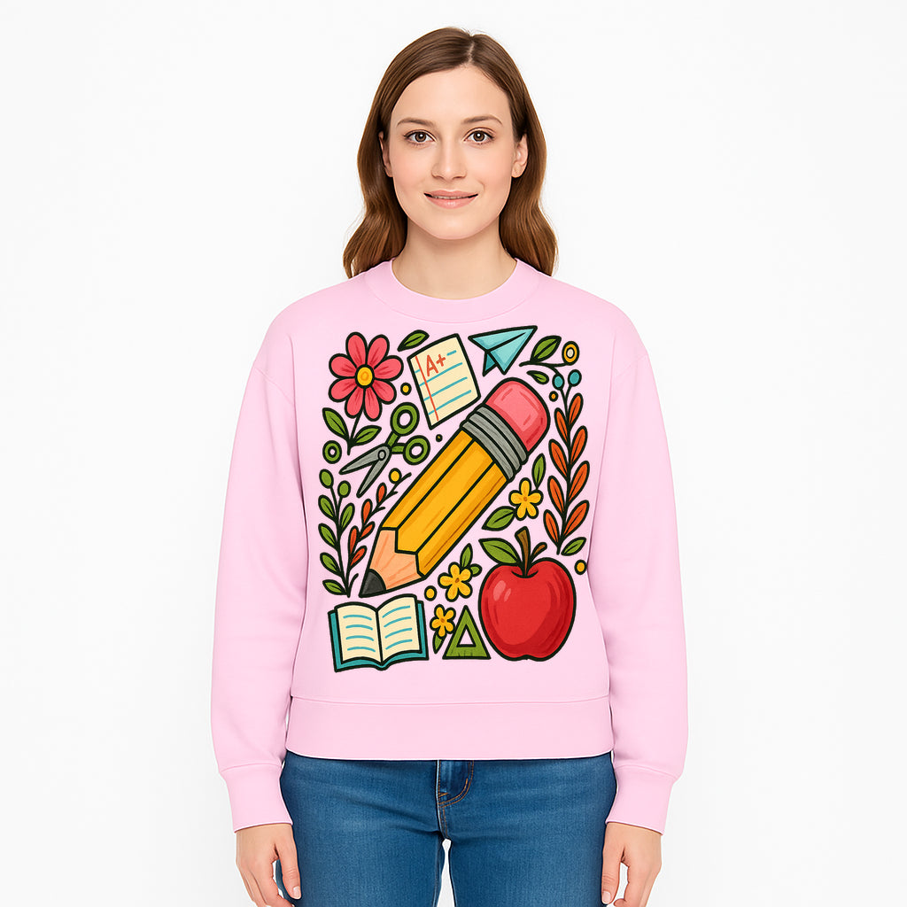 Colorful School Supplies Illustration Pencil, Apple, Flowers, Book and A+ Note Cute Educational Art Print for Classroom Decor - Sweatshirt 1758093374214.jpg