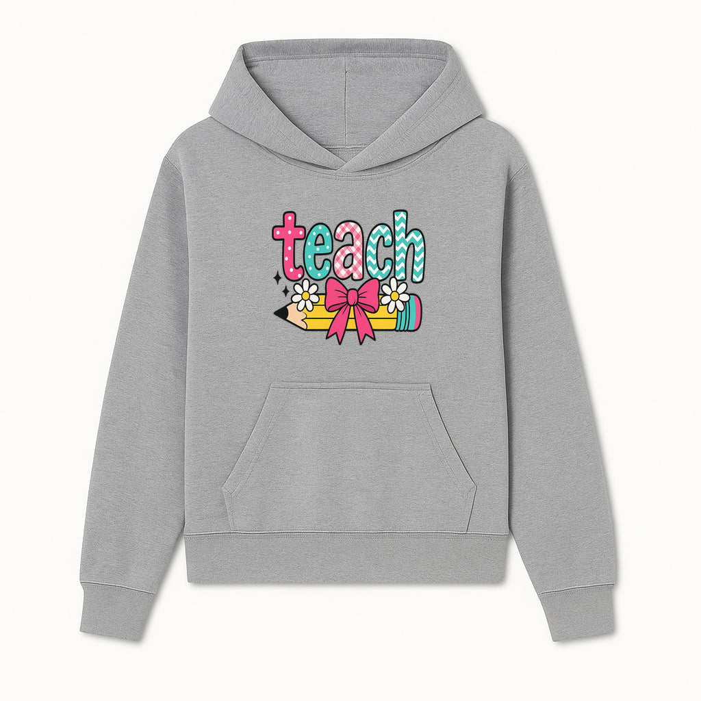 Colorful Teach Design with Pencil, Flowers, and Bow - Perfect for Teacher's Gifts, Classroom Decor, or Back-to-School Apparel - Hoodie 1758093374244.jpg
