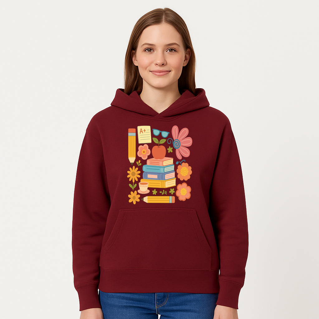 Colorful School Supplies Print - Books, Pencil, Apple, Flowers, and Glasses - Cute Classroom Decor for Kids or Teachers - Hoodie 1758093374341.jpg