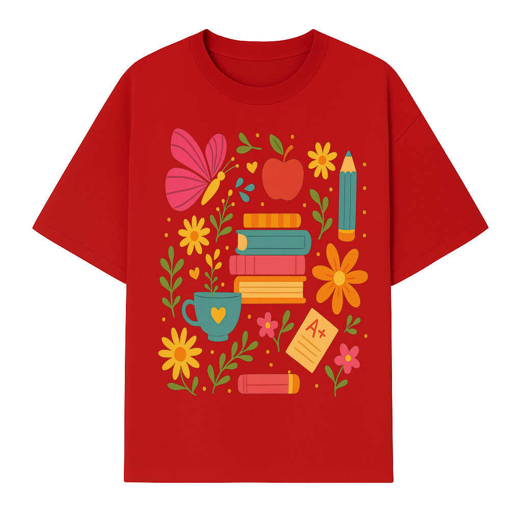 Colorful School Supplies and Flowers Art Print, Butterfly and Books, Educational Decor, Cute Classroom Wall Art, A+ Motivation - T-shirt 1758093374451.jpg