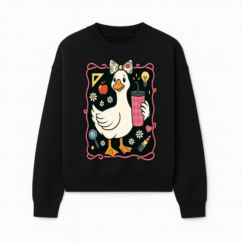 Cute Duck with Bow and Drink - Whimsical Animal Art Print, Fun Retro Style Home Decor, Ideal for Kids' Rooms or Gift Ideas - Sweatshirt 1758093374468.jpg