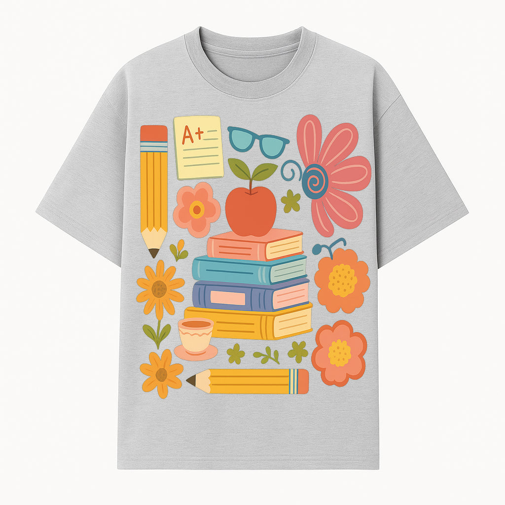 Colorful School Supplies Print - Books, Pencil, Apple, Flowers, and Glasses - Cute Classroom Decor for Kids or Teachers - T-shirt 1758093374526.jpg