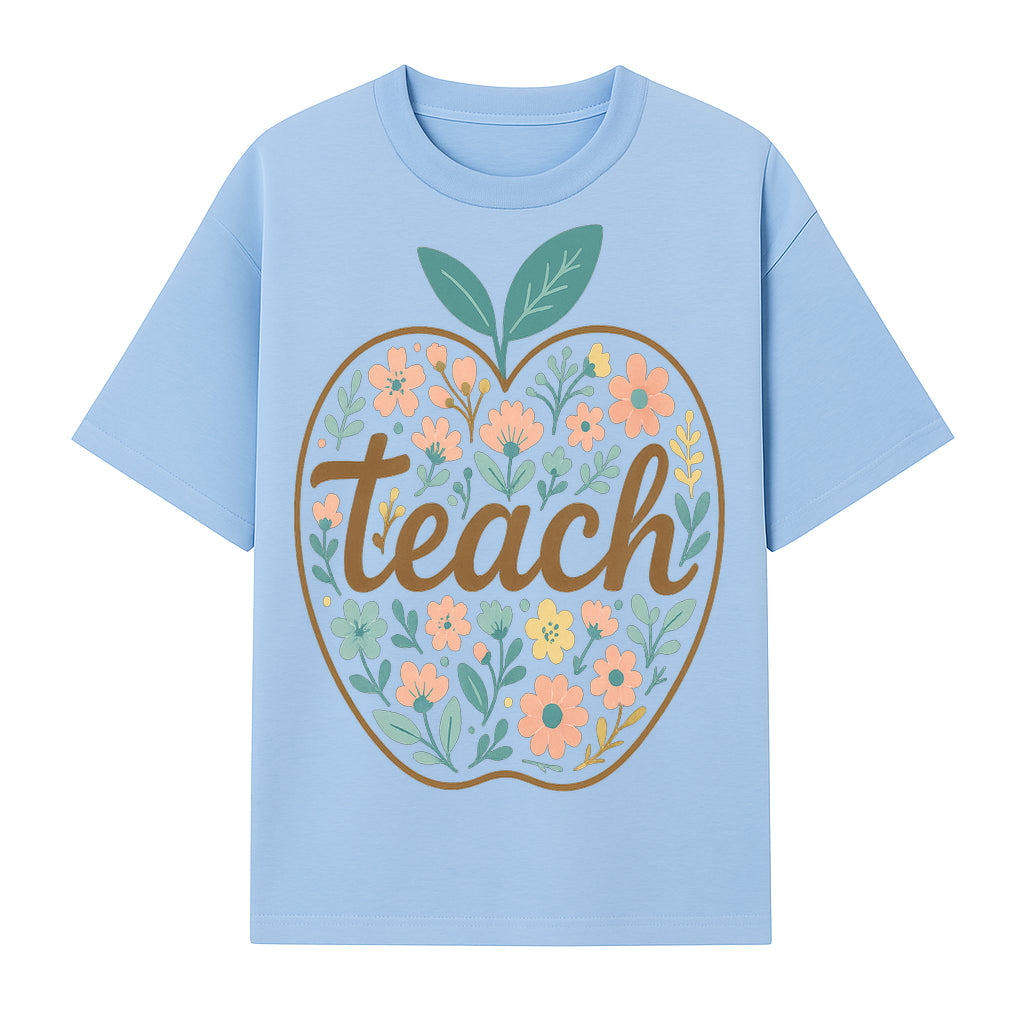 Floral Apple Teach Wall Art Decor - Teacher Gift, Classroom Decor, Inspirational Quote, Colorful Art Print - T-shirt 1758093374530.jpg