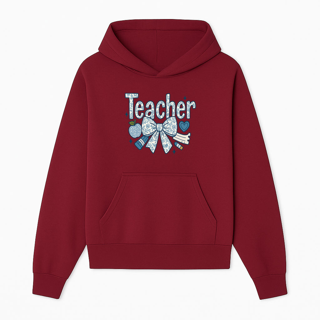 Floral Teacher Design with Apple, Bow & Stationery - Perfect Gift for Educators, Teachers' Day, Classroom Decor, Cute Art Print - Hoodie 1758093374572.jpg