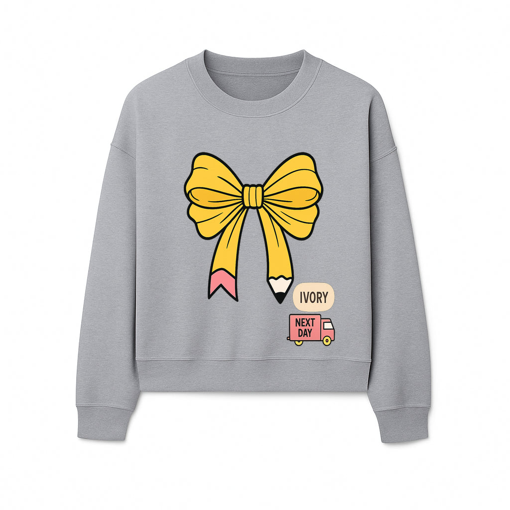 Yellow Pencil Bow Decor Cute Stationery Gift, Art Supplies, Kids School Accessories, Next Day Shipping, Ivory Color Theme - Sweatshirt 1758093374597.jpg