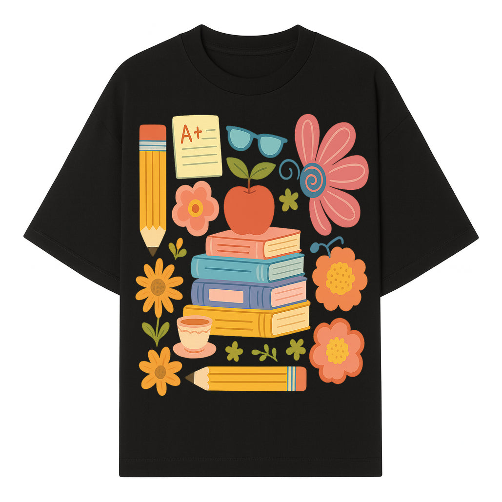 Colorful School Supplies Print - Books, Pencil, Apple, Flowers, and Glasses - Cute Classroom Decor for Kids or Teachers - T-shirt 1758093374668.jpg