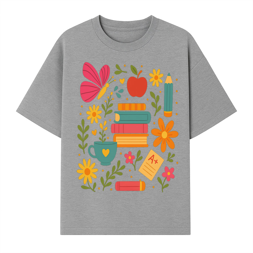 Colorful School Supplies and Flowers Art Print, Butterfly and Books, Educational Decor, Cute Classroom Wall Art, A+ Motivation - T-shirt 1758093374693.jpg