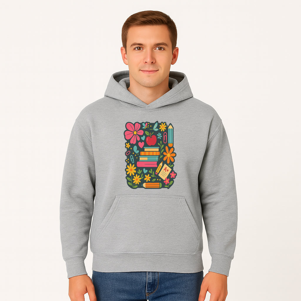 Colorful School Supplies and Flowers Illustration, Cute Educational Wall Art, Back to School Decor, Classroom Decoration, Kids Room Art - Hoodie 1758093374811.jpg