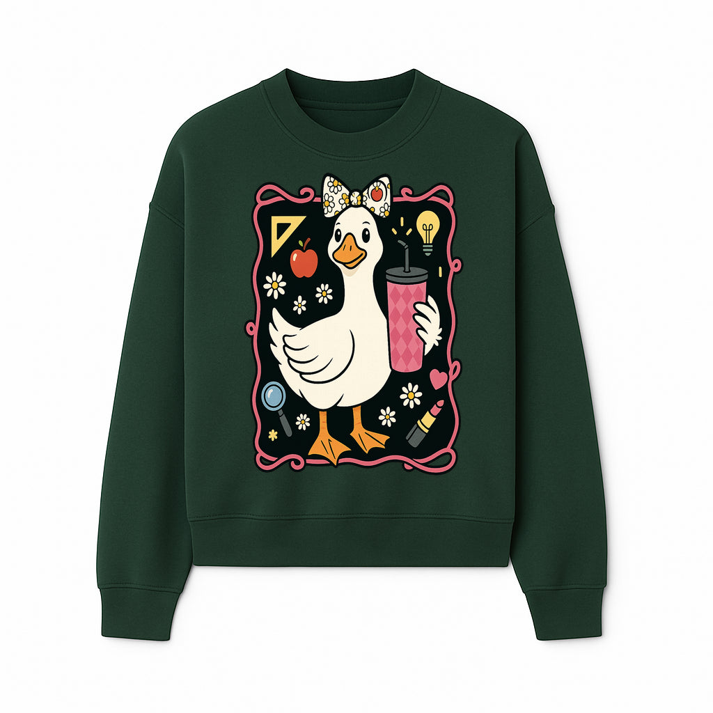 Cute Duck with Bow and Drink - Whimsical Animal Art Print, Fun Retro Style Home Decor, Ideal for Kids' Rooms or Gift Ideas - Sweatshirt 1758093374817.jpg
