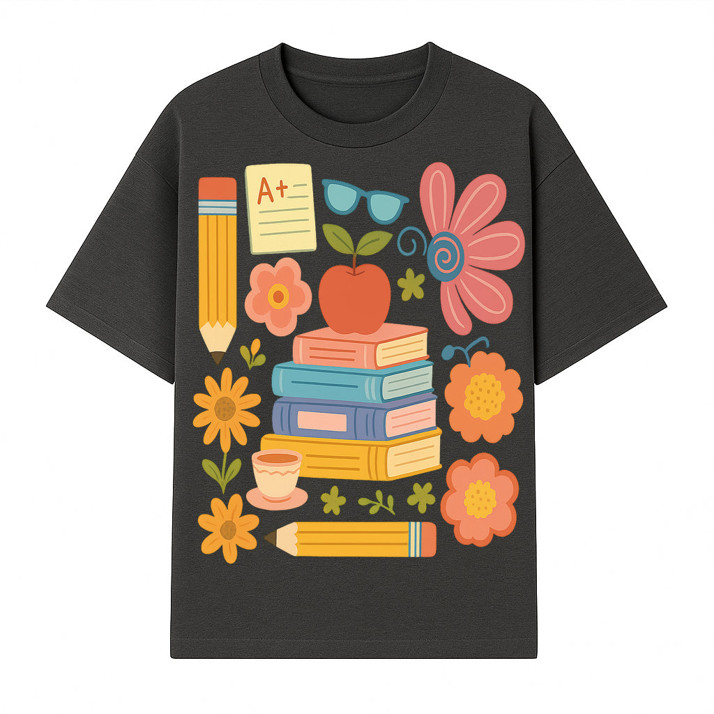 Colorful School Supplies Print - Books, Pencil, Apple, Flowers, and Glasses - Cute Classroom Decor for Kids or Teachers - T-shirt 1758093374836.jpg