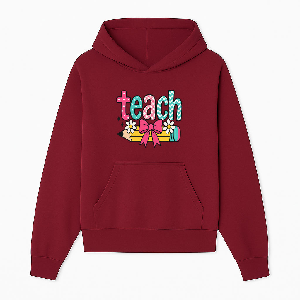 Colorful Teach Design with Pencil, Flowers, and Bow - Perfect for Teacher's Gifts, Classroom Decor, or Back-to-School Apparel - Hoodie 1758093374854.jpg
