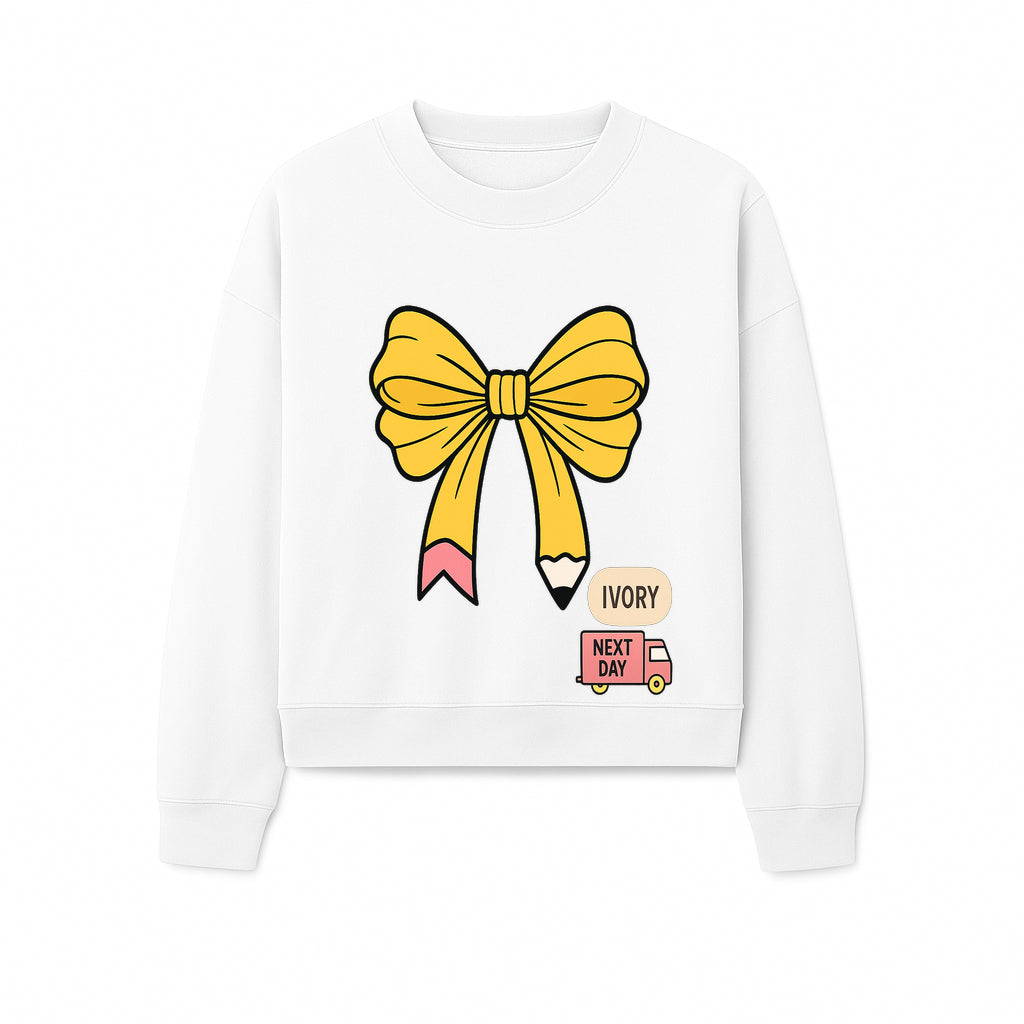 Yellow Pencil Bow Decor Cute Stationery Gift, Art Supplies, Kids School Accessories, Next Day Shipping, Ivory Color Theme - Sweatshirt 1758093374872.jpg