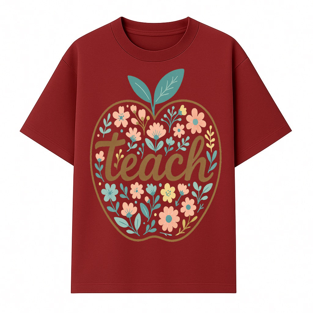 Floral Apple Teach Wall Art Decor - Teacher Gift, Classroom Decor, Inspirational Quote, Colorful Art Print - T-shirt 1758093374910.jpg