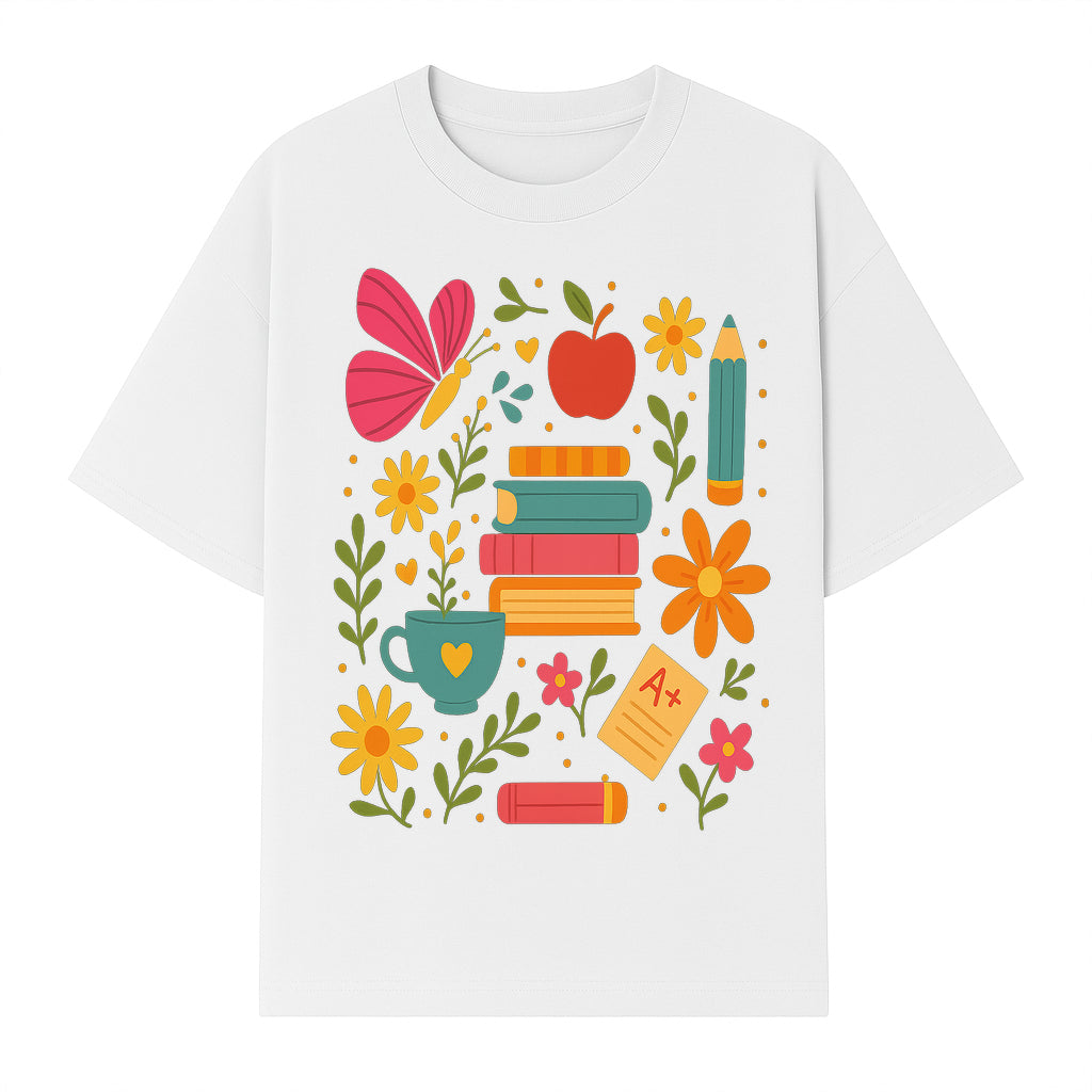 Colorful School Supplies and Flowers Art Print, Butterfly and Books, Educational Decor, Cute Classroom Wall Art, A+ Motivation - T-shirt 1758093374924.jpg