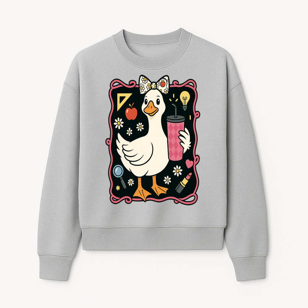 Cute Duck with Bow and Drink - Whimsical Animal Art Print, Fun Retro Style Home Decor, Ideal for Kids' Rooms or Gift Ideas - Sweatshirt 1758093374975.jpg