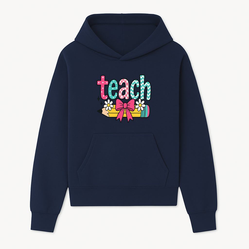 Colorful Teach Design with Pencil, Flowers, and Bow - Perfect for Teacher's Gifts, Classroom Decor, or Back-to-School Apparel - Hoodie 1758093375010.jpg