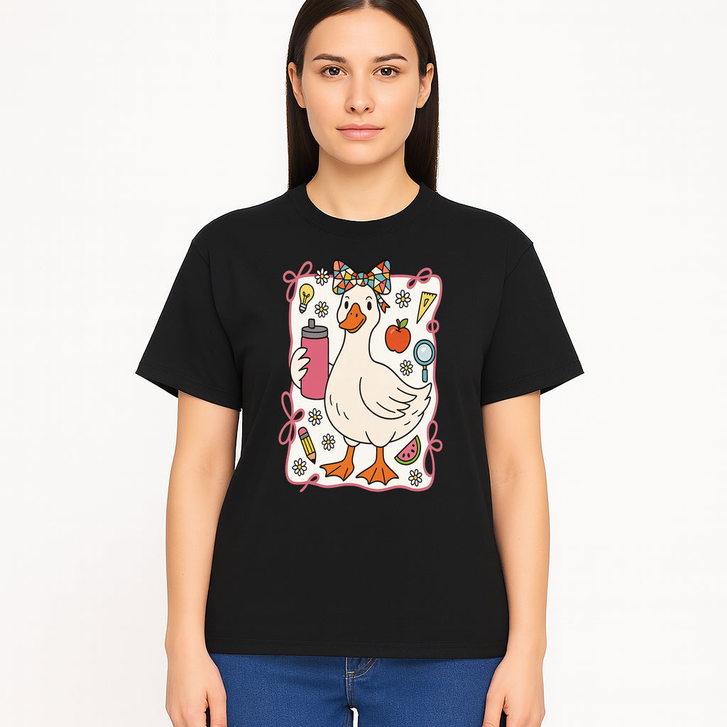 Cute Creative Duck Art Print with Supplies, Colorful Bow, and Fun Icons - Whimsical Home Decor for Kids and Animal Lovers - T-shirt 1758093375078.jpg