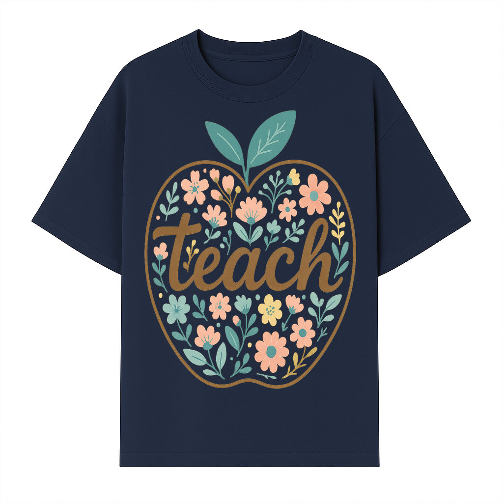 Floral Apple Teach Wall Art Decor - Teacher Gift, Classroom Decor, Inspirational Quote, Colorful Art Print - T-shirt 1758093375089.jpg