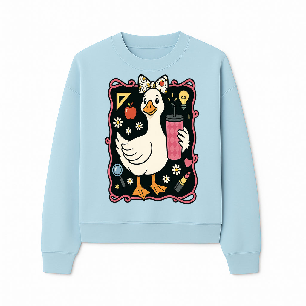 Cute Duck with Bow and Drink - Whimsical Animal Art Print, Fun Retro Style Home Decor, Ideal for Kids' Rooms or Gift Ideas - Sweatshirt 1758093375134.jpg