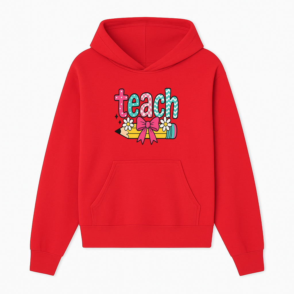 Colorful Teach Design with Pencil, Flowers, and Bow - Perfect for Teacher's Gifts, Classroom Decor, or Back-to-School Apparel - Hoodie 1758093375185.jpg