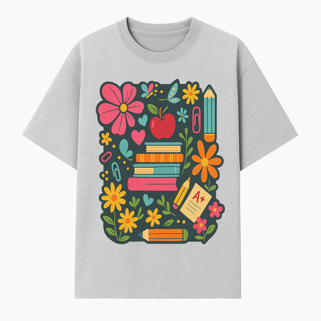 Colorful School Supplies and Flowers Illustration, Cute Educational Wall Art, Back to School Decor, Classroom Decoration, Kids Room Art - T-shirt 1758093375195.jpg