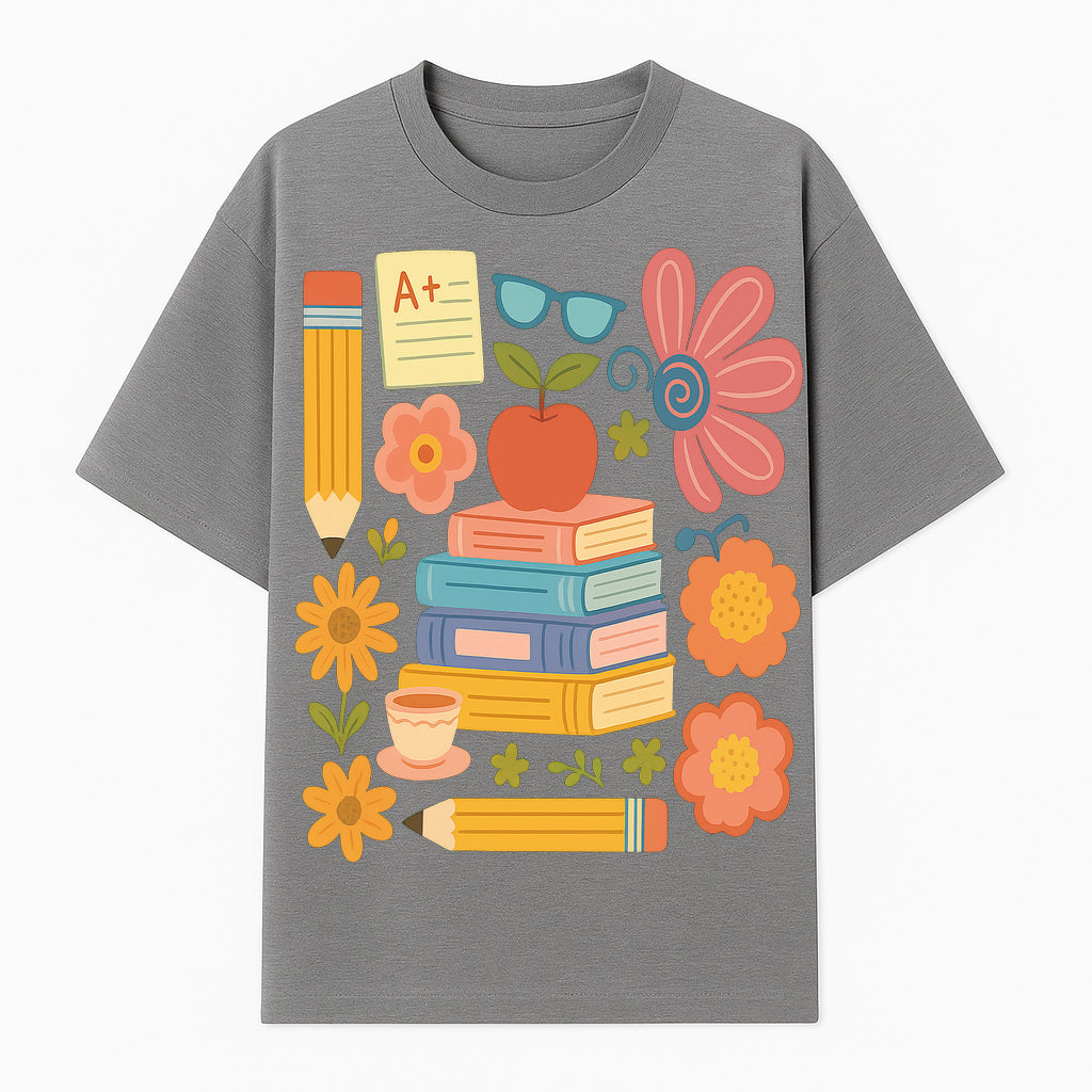 Colorful School Supplies Print - Books, Pencil, Apple, Flowers, and Glasses - Cute Classroom Decor for Kids or Teachers - T-shirt 1758093375208.jpg