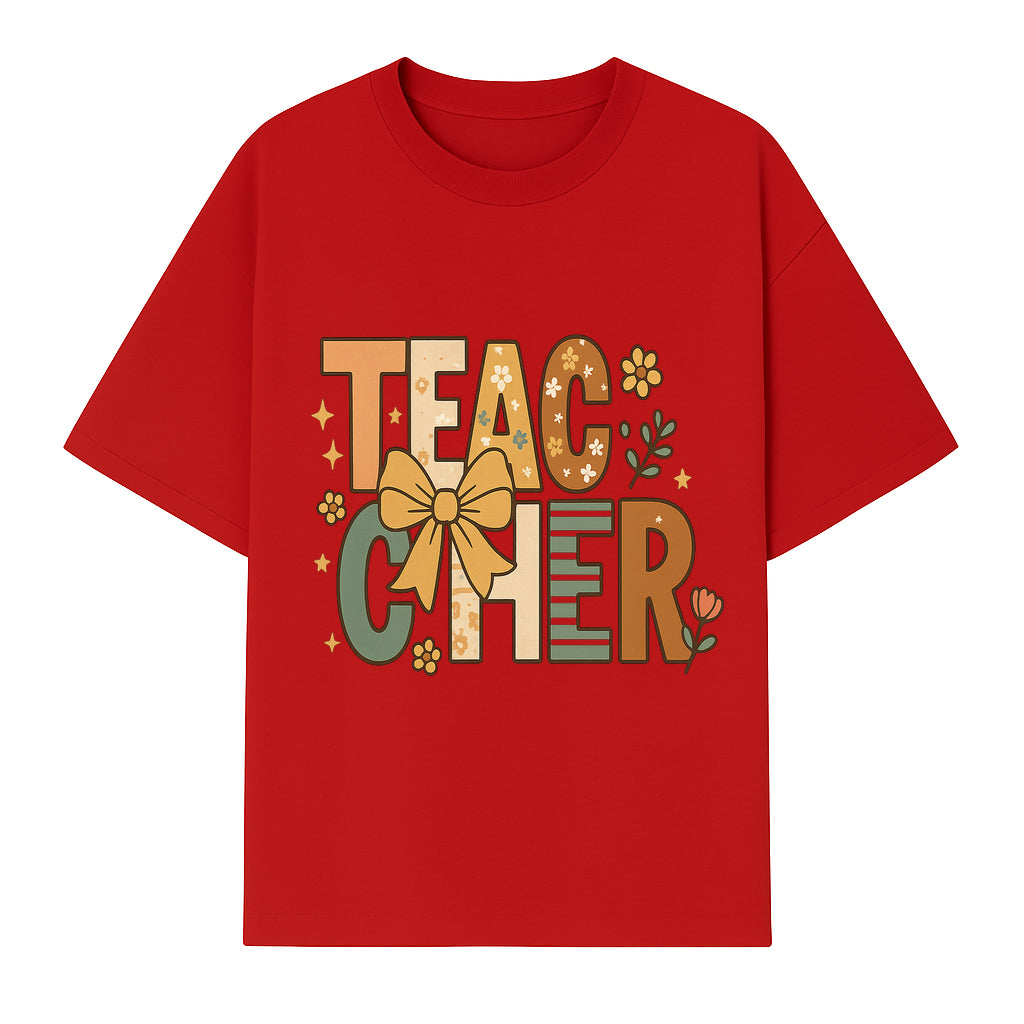 Colorful Teacher Appreciation Art Print with Floral Design and Bow, Ideal for Classroom Decor or Gifts - T-shirt 1758093375215.jpg