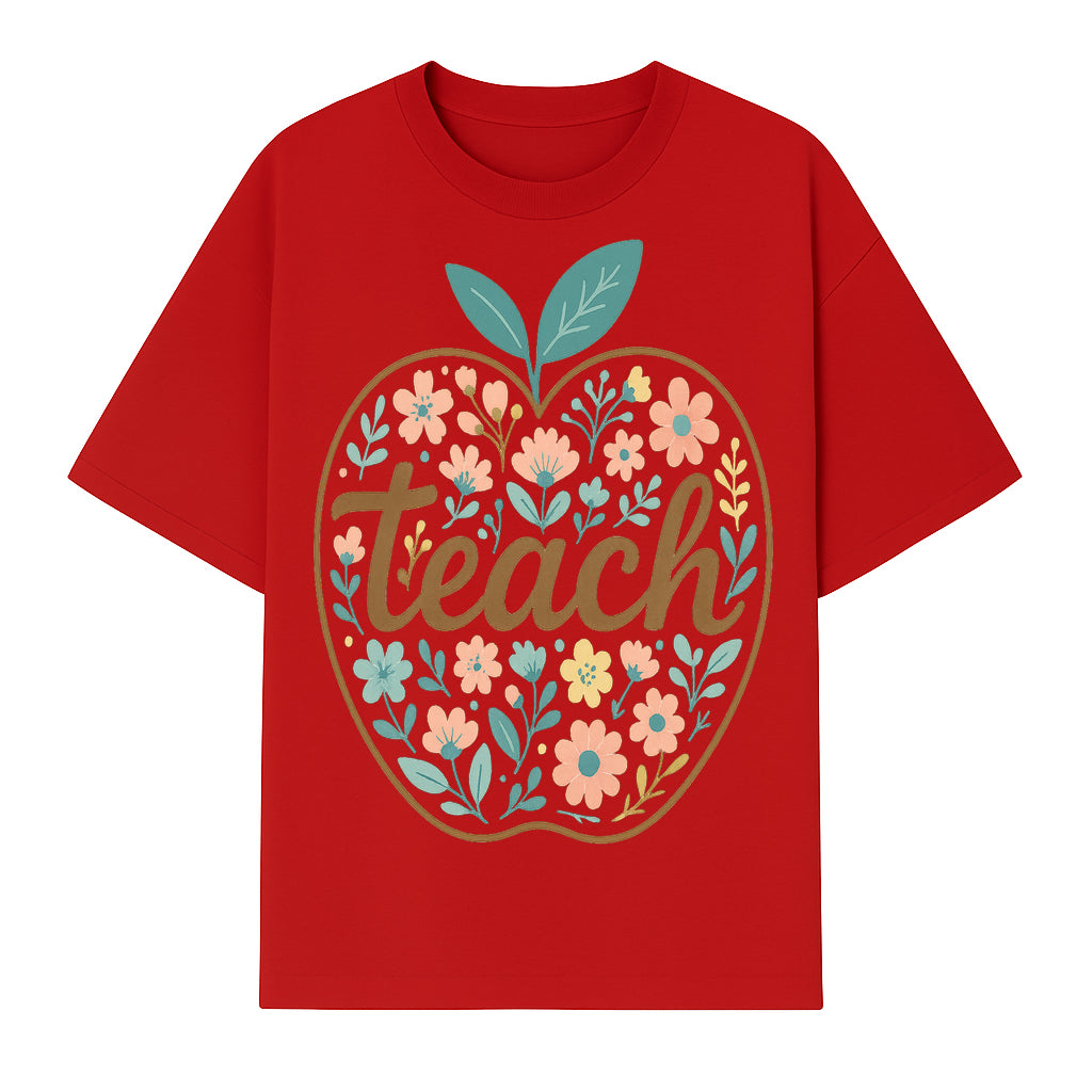 Floral Apple Teach Wall Art Decor - Teacher Gift, Classroom Decor, Inspirational Quote, Colorful Art Print - T-shirt 1758093375232.jpg