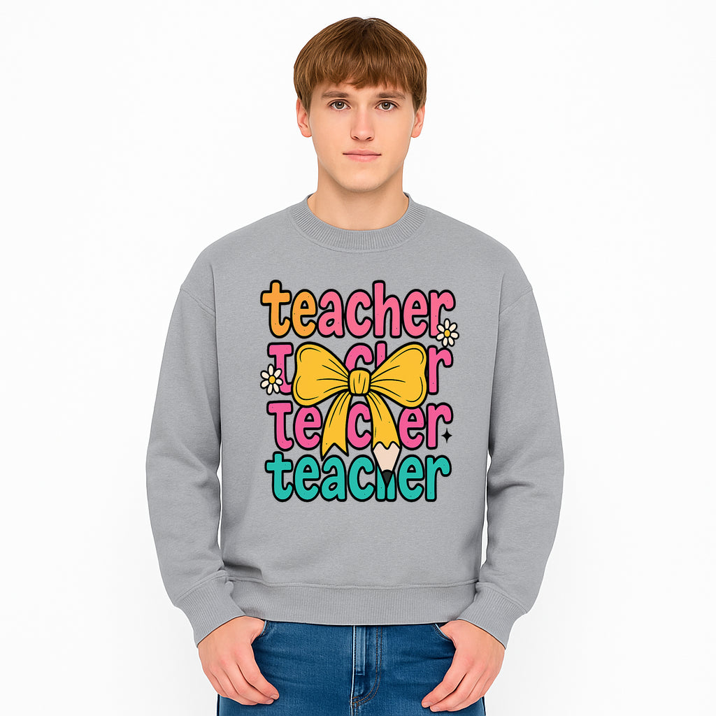 Colorful Teacher Graphic Tee with Pencil and Bow | Cute Teacher Appreciation Gift for Students or Educators - Sweatshirt 1758093375283.jpg