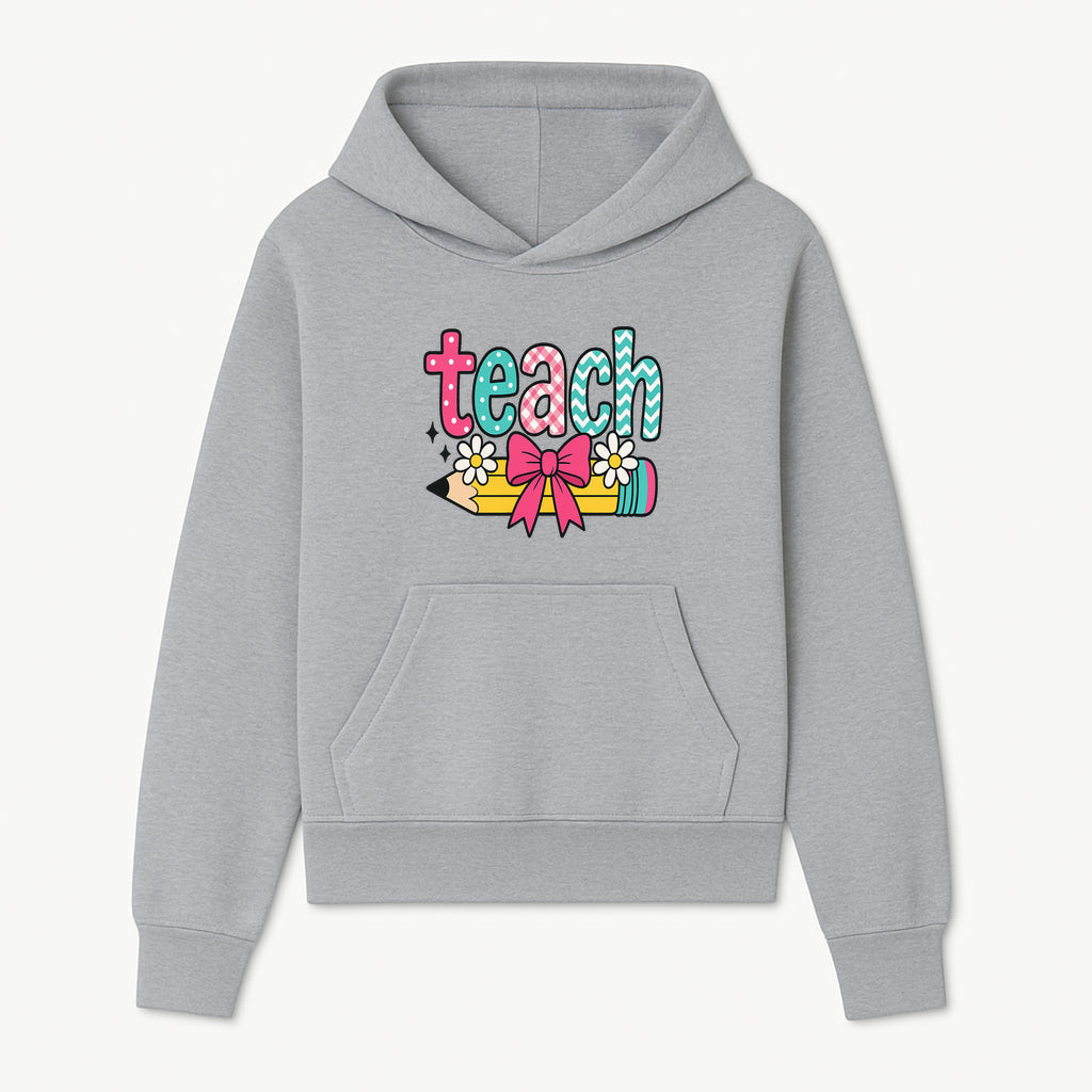 Colorful Teach Design with Pencil, Flowers, and Bow - Perfect for Teacher's Gifts, Classroom Decor, or Back-to-School Apparel - Hoodie 1758093375343.jpg