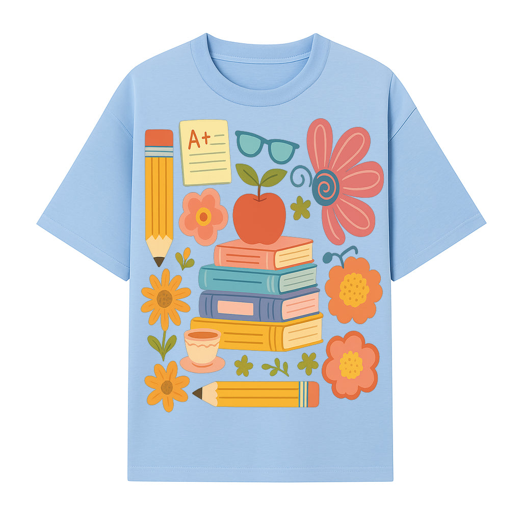 Colorful School Supplies Print - Books, Pencil, Apple, Flowers, and Glasses - Cute Classroom Decor for Kids or Teachers - T-shirt 1758093375356.jpg