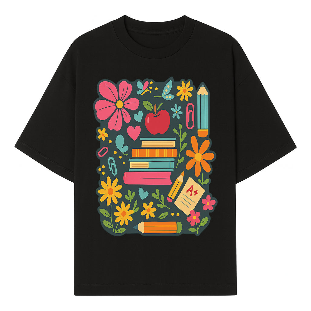 Colorful School Supplies and Flowers Illustration, Cute Educational Wall Art, Back to School Decor, Classroom Decoration, Kids Room Art - T-shirt 1758093375415.jpg