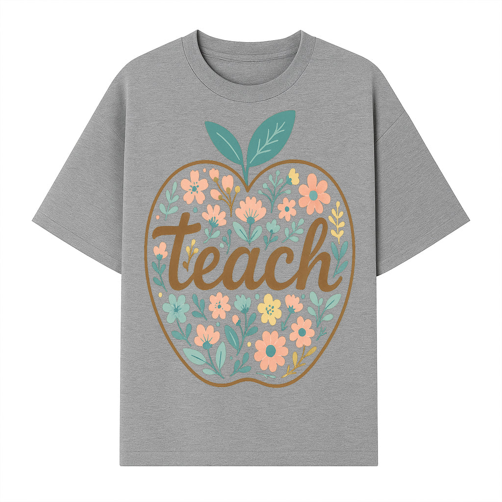 Floral Apple Teach Wall Art Decor - Teacher Gift, Classroom Decor, Inspirational Quote, Colorful Art Print - T-shirt 1758093375445.jpg