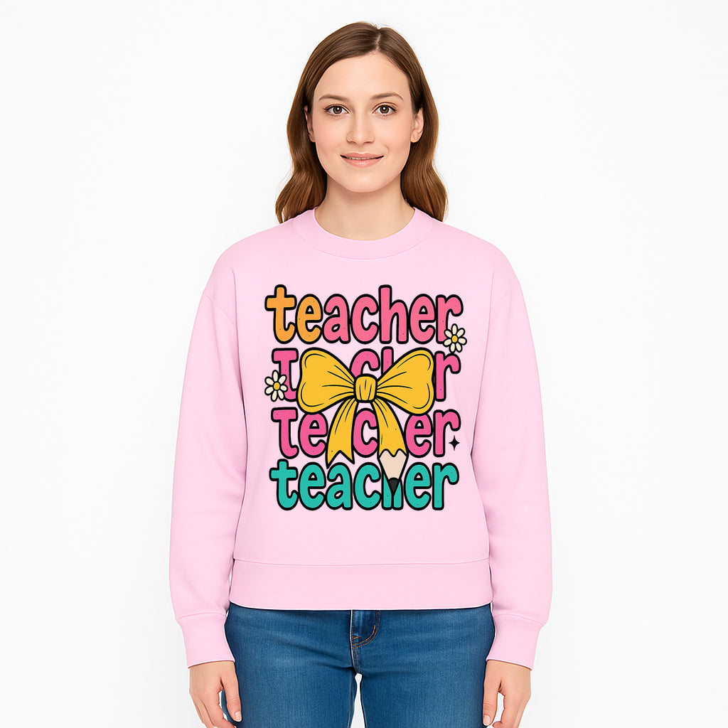 Colorful Teacher Graphic Tee with Pencil and Bow | Cute Teacher Appreciation Gift for Students or Educators - Sweatshirt 1758093375483.jpg