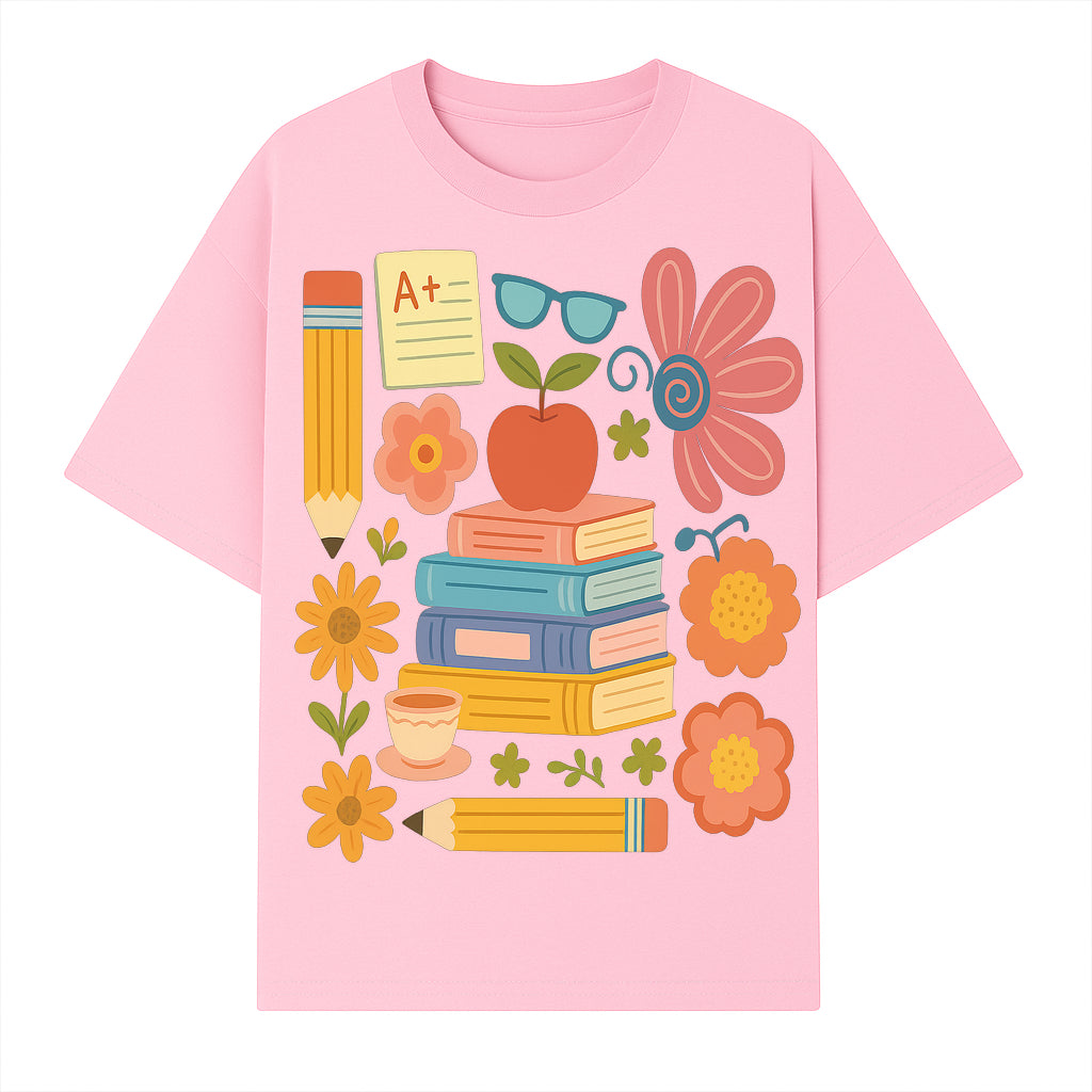 Colorful School Supplies Print - Books, Pencil, Apple, Flowers, and Glasses - Cute Classroom Decor for Kids or Teachers - T-shirt 1758093375547.jpg