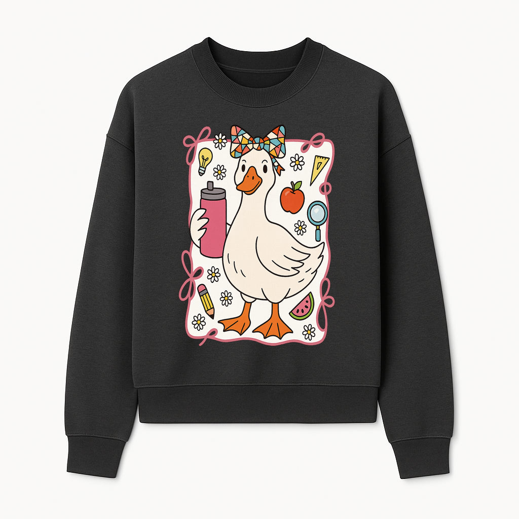 Cute Creative Duck Art Print with Supplies, Colorful Bow, and Fun Icons - Whimsical Home Decor for Kids and Animal Lovers - Sweatshirt 1758093375584.jpg