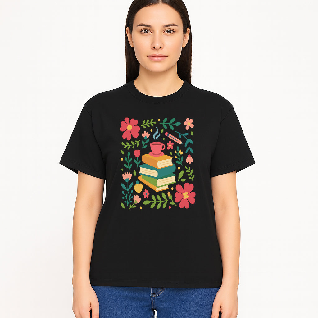 Whimsical Book Stack with Coffee and Flowers Art Print - Cozy Reading Decor for Home or Office - T-shirt 1758093375586.jpg
