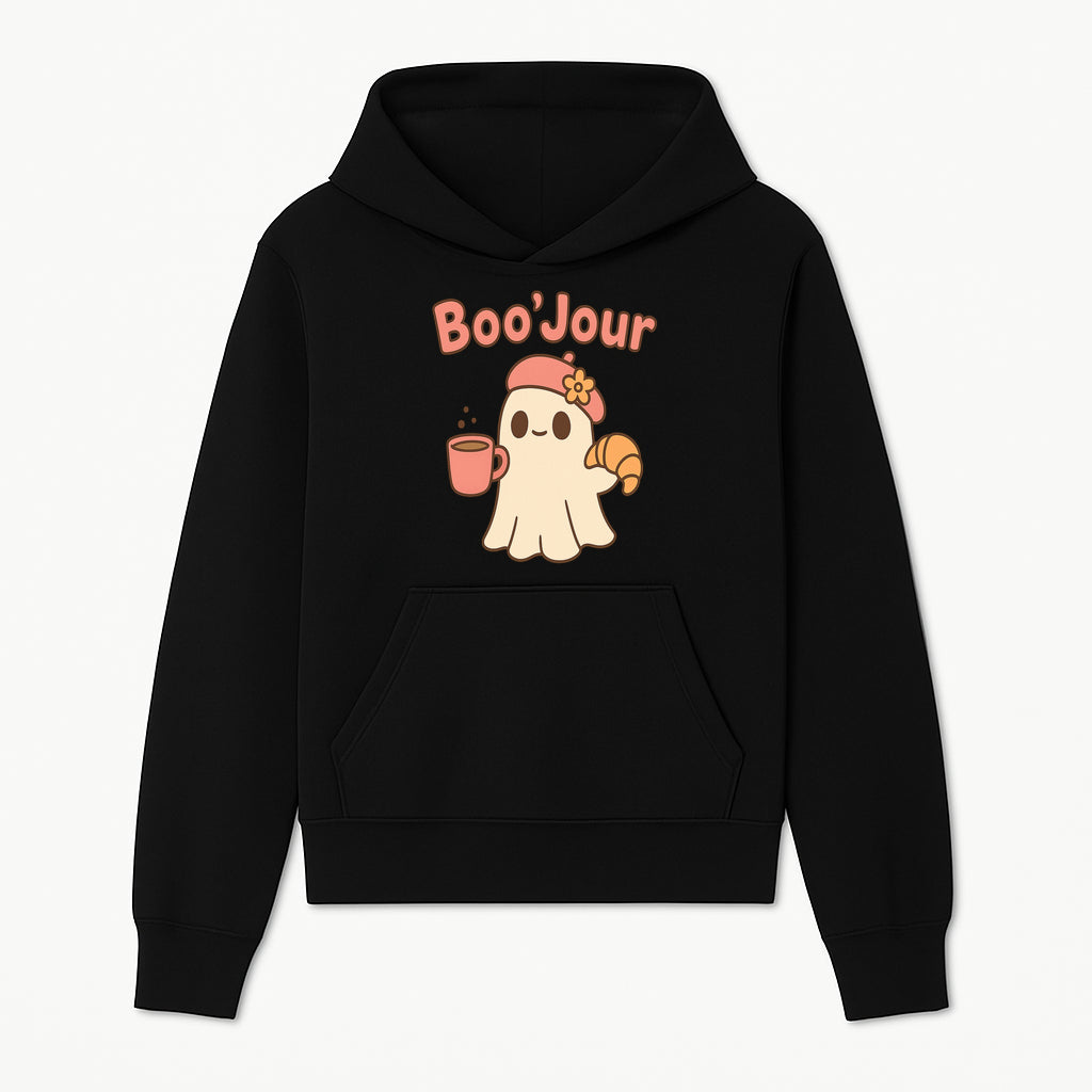 Cute Ghost Boo'Jour with Coffee and Croissant - Fun Halloween Decor, Ghost Lover Gift, Whimsical Art Print, Cozy Apparel - Hoodie 1758093375605.jpg