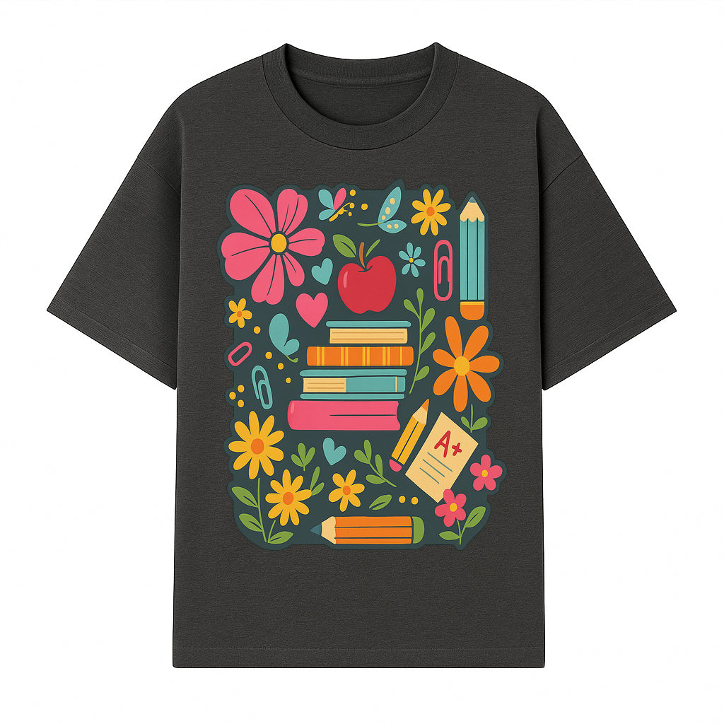 Colorful School Supplies and Flowers Illustration, Cute Educational Wall Art, Back to School Decor, Classroom Decoration, Kids Room Art - T-shirt 1758093375616.jpg