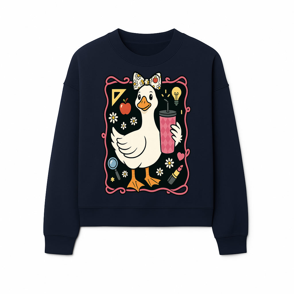 Cute Duck with Bow and Drink - Whimsical Animal Art Print, Fun Retro Style Home Decor, Ideal for Kids' Rooms or Gift Ideas - Sweatshirt 1758093375625.jpg