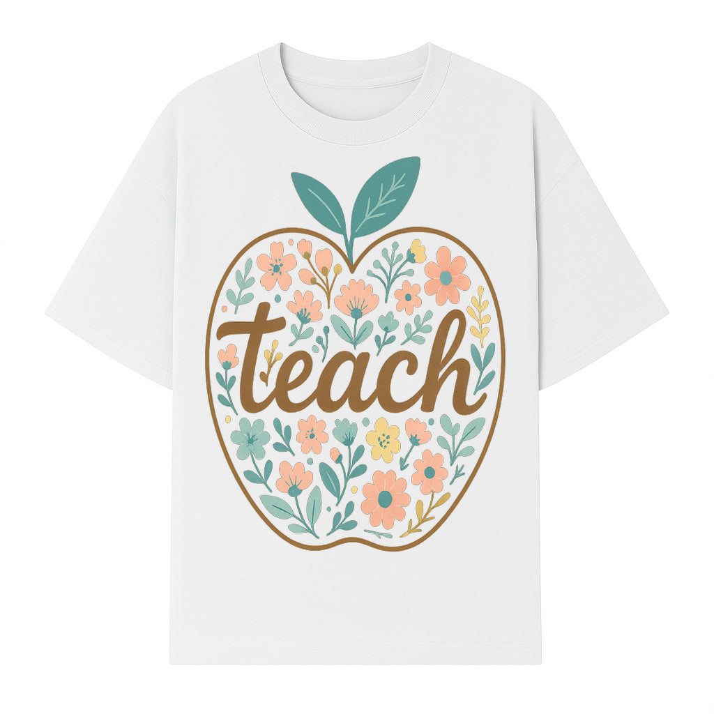 Floral Apple Teach Wall Art Decor - Teacher Gift, Classroom Decor, Inspirational Quote, Colorful Art Print - T-shirt 1758093375632.jpg
